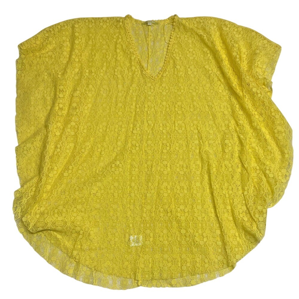 Gianni Bini Womens Yellow Floral Lace V-Neck Poncho Top Pom Pom Trim Large